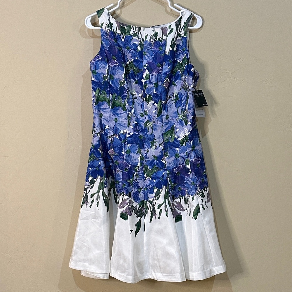 NWT Gabby Skye sleeveless fit flare dress blue purple green white floral | Sz 16